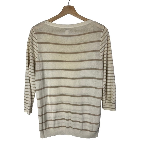 J. Crew Ivory & Beige Linen Stripe Round Neckline Lightweight Sweater M - Picture 2 of 3